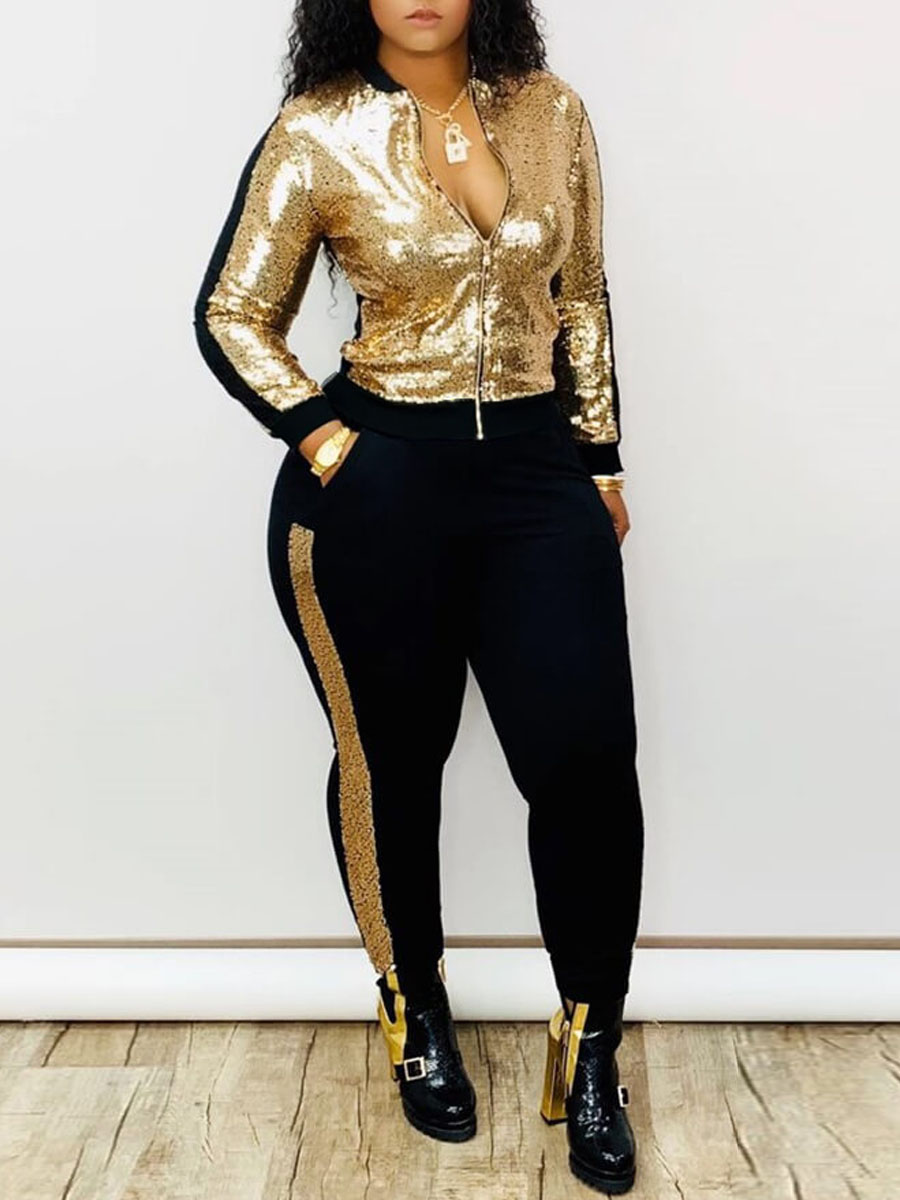 

Lovely Casual Patchwork Gold Two-piece Pants Set