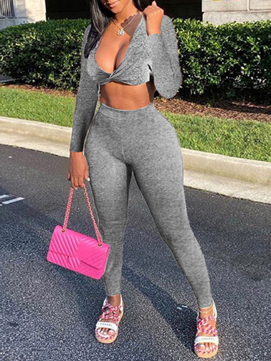 

Lovely Casual V Neck Elastic Grey Two Piece Pants Set