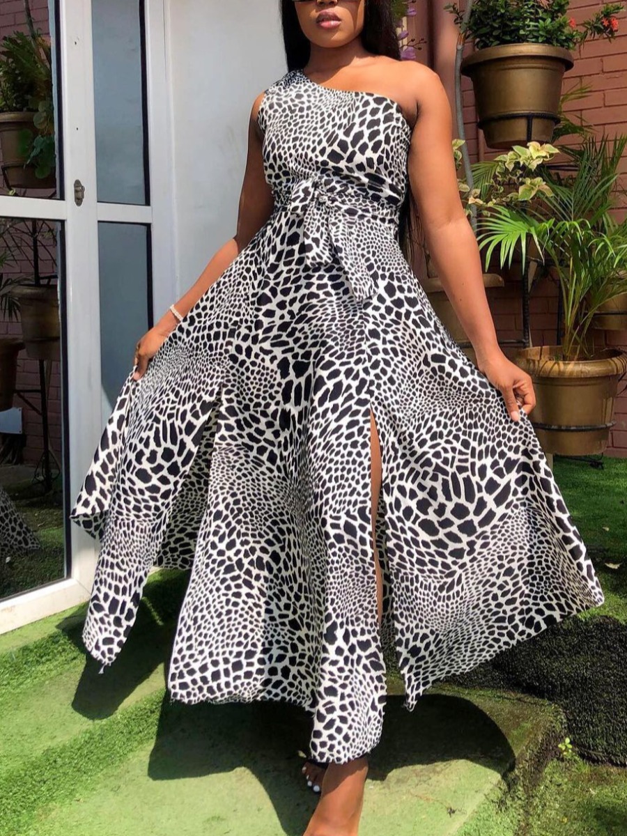 

Lovely Plus Size Stylish One Shoulder Lace-up Split Leopard Print Ankle Length A Line Dress
