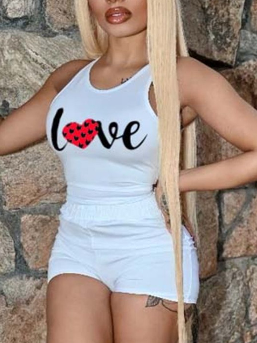 

Lovely Chic Heart-shaped Letter Print White Two Piece Shorts Set