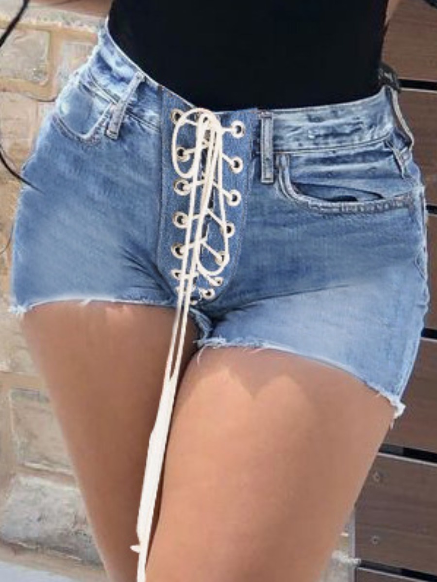 

Lovely Casual Bandage Design Raw Edge Blue Denim Shorts