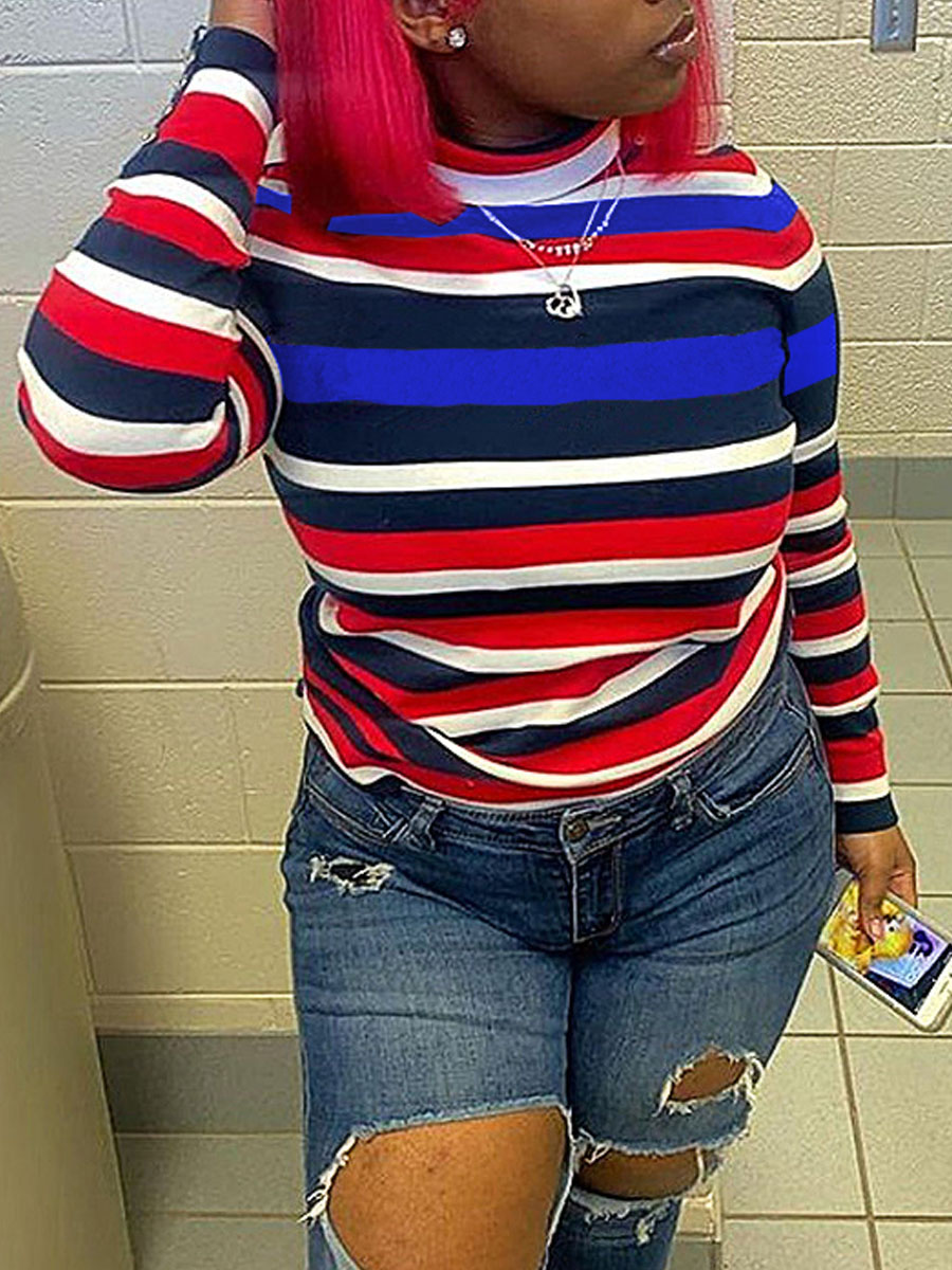 

Lovely Casual Striped Patchwork Red T-shirt