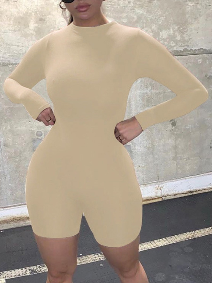 

Lovely Sportswear O Neck Zipper Design Apricot One-piece Romper