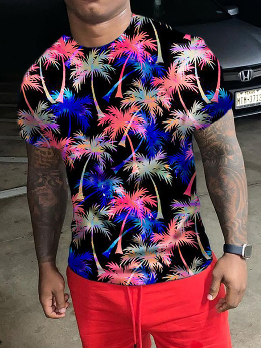 

LW Boho Plant Print Patchwork Black Men T-shirt