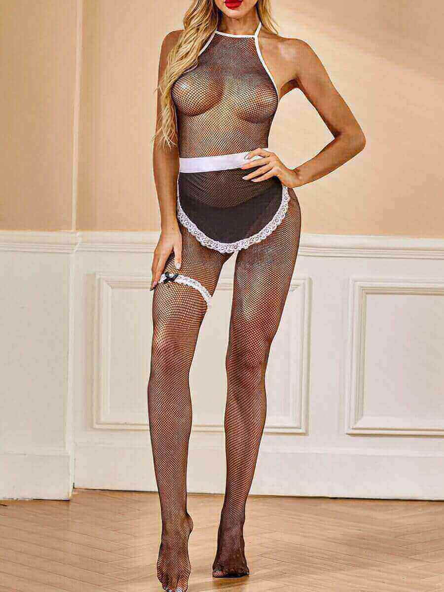 

Lovely Sexy Backless See-through Patchwork Black Bodystocking