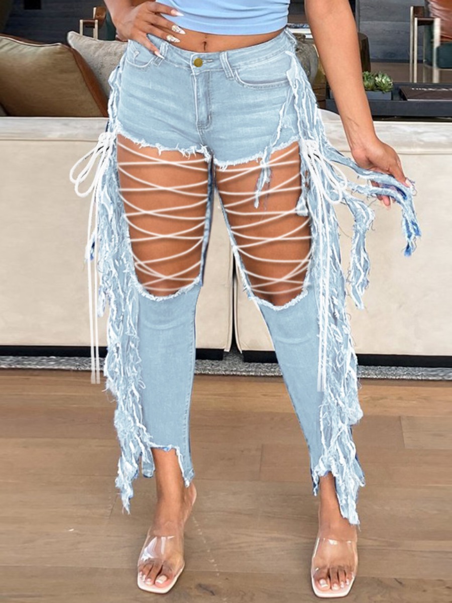 

Lovely Street Tassel Bandage Hollow-out Design Blue Jeans
