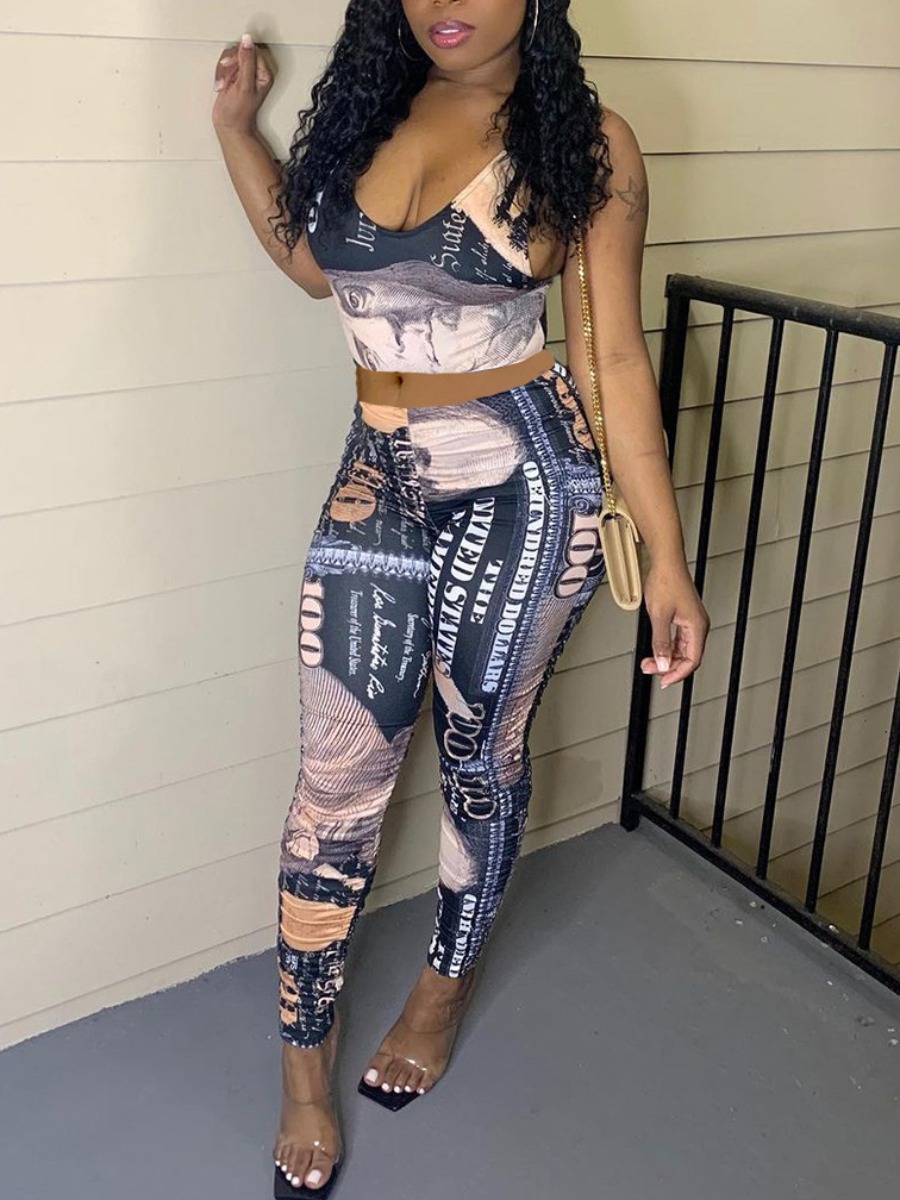

Lovely Trendy Money Letter Print Black Two Piece Pants Set