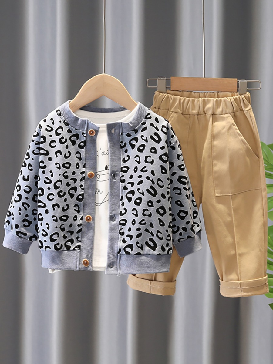 

Lovely Trendy Leopard Print Button Design Grey Boy Two Piece Pants Set