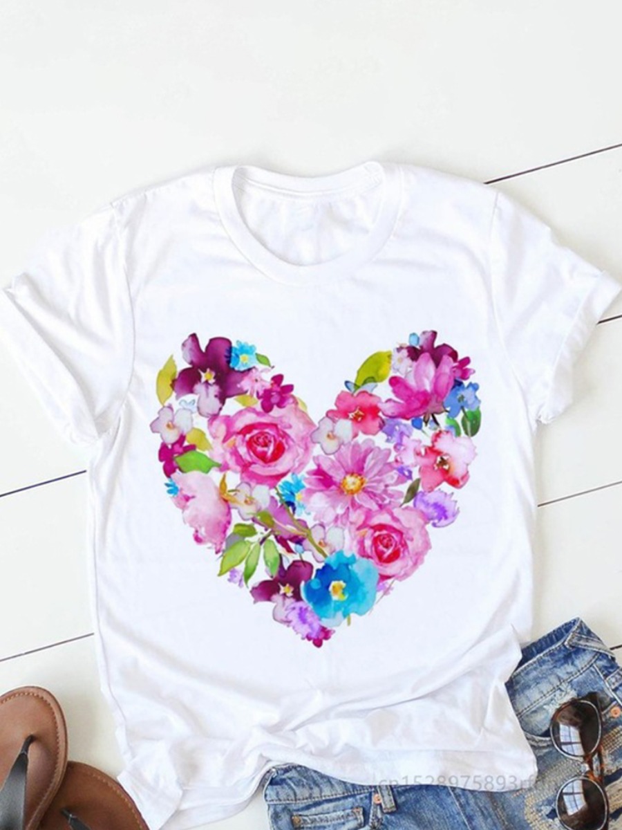 

Lovely Sweet Heart-shaped Floral Print Multicolor Plus Size T-shirt, Multi