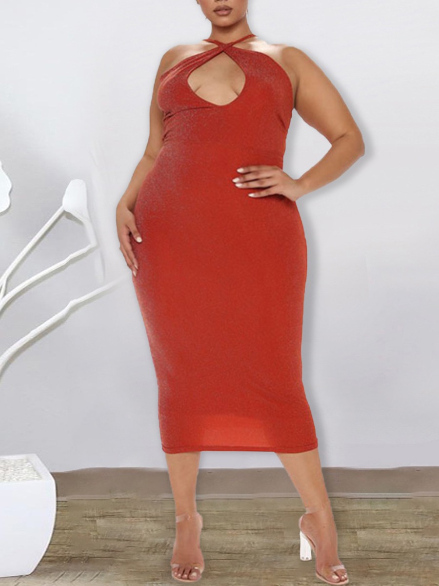 

Lovely Sweet Backless Bandage Hollow-out Design Red Mid Calf Plus Size Dress