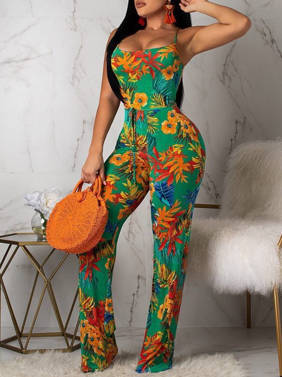 

Lovely Boho Backless Floral Print Green One-piece Jumpsuit