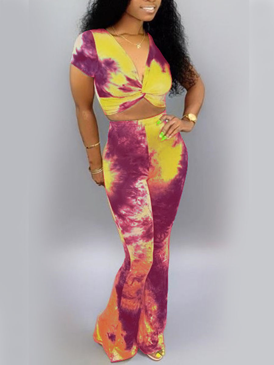 

Lovely Street Twisted Tie-dye Flared Rose Red Two Piece Pants Set