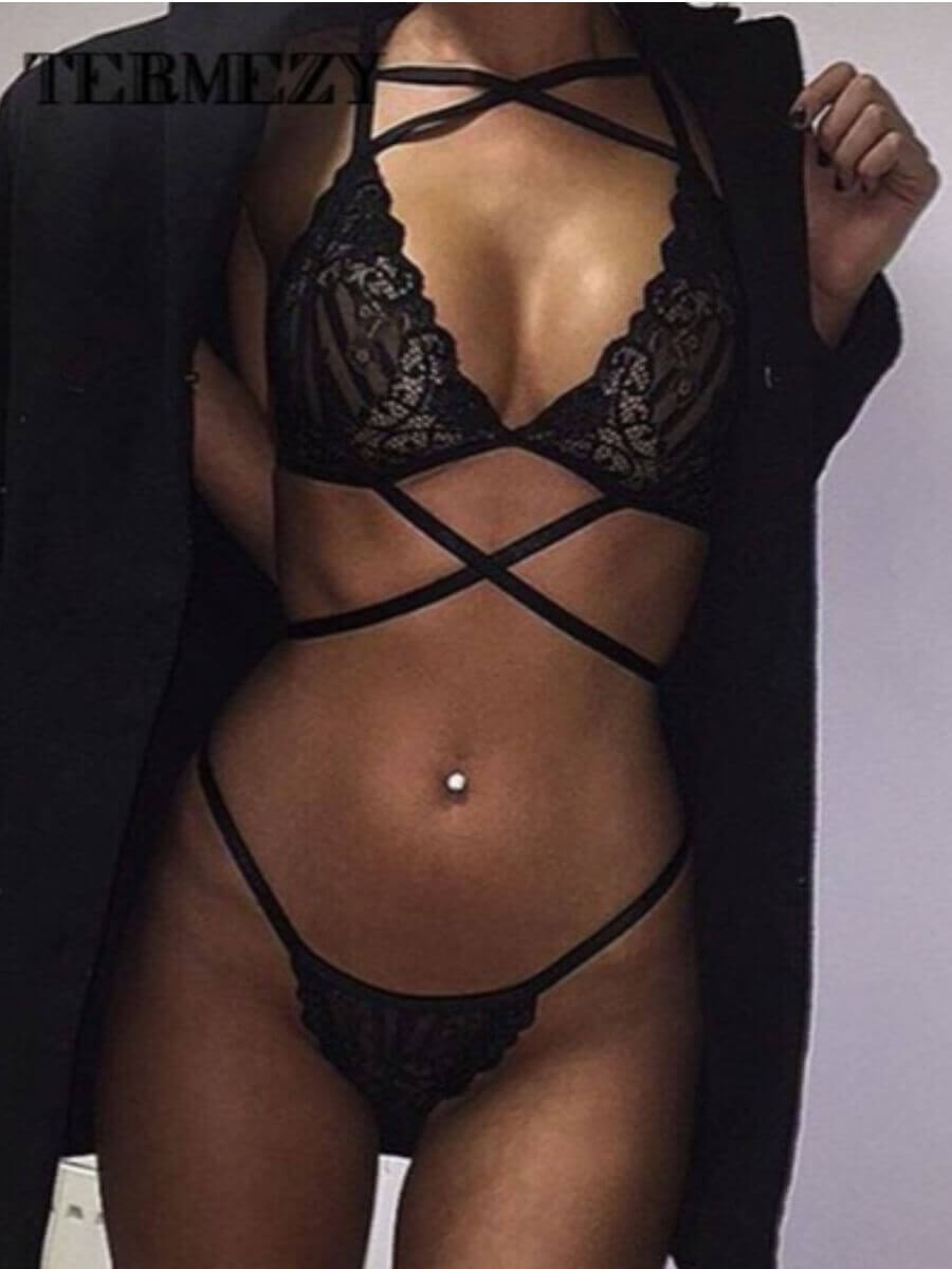 

Lovely Sexy See-through Bandage Design Black Bra Set
