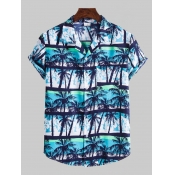 Lovely Men Trendy Plant Print Patchwork Blue Shirt