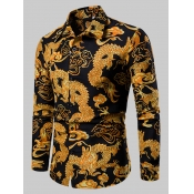 LW Men Trendy Dragon Print Patchwork Black Shirt