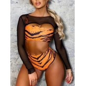 LW Sexy Mesh Tiger Striped Patchwork White Tankini