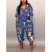 Lovely Street Cartoon Letter Print Blue One-piece 
