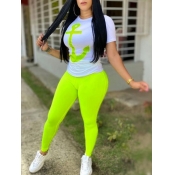 LW Leisure O Neck Print Green Two-piece Pants Set