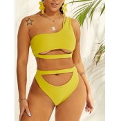 LW Casual One Shoulder Hollow-out Yellow Tankini