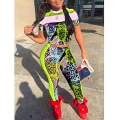 Lovely Trendy Striped Leopard Print Green Two Piec
