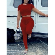 LW Casual O Neck Fold Design Red Two Piece Pants S