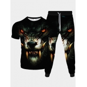 Lovely Men Street O Neck Animal Print Black Two Pi