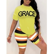 LW Letter Print Striped Shorts Set