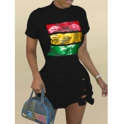 Lovely Street O Neck Graffiti Print Hollow-out Bla