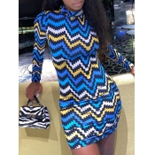 Lovely Sexy Turtleneck Striped Blue Mini Dress