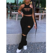 LW Street Broken Holes Fold Design Black Two Piece