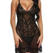 Lovely Sexy V Neck See-through Patchwork Black Bab