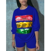 LW Casual O Neck Graffiti Print Blue Two Piece Sho