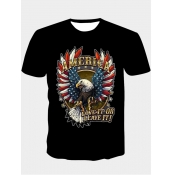 LW Men Casual O Neck Animal Letter Print Black T-s