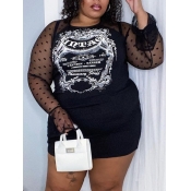 Lovely Casual See-through Letter Print Black Mini 