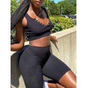 Lovely Chic Rib-Knit Button Design Black Two Piece