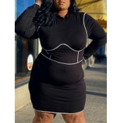 LW Plus Size CasualO Neck Striped Black Knee Lengt
