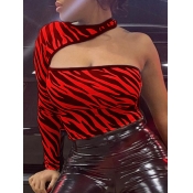 Lovely Chic One Shoulder Animal Print Red T-shirt