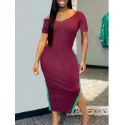 LW Sweet V Neck Button Design Red Mid Calf Dress