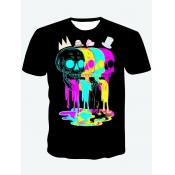 Lovely Men Casual O Neck Skeleton Print Black T-sh