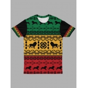 LW Men Ethnic O Neck Animal Print Patchwork Black 