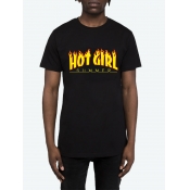 LW COTTON Men Casual O Neck Letter Print Black T-s