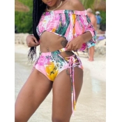 Lovely Casual Bandage Hollow-out Design Print Pink