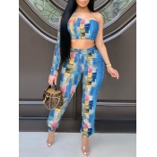 Lovely Sweet One Shoulder Print Patchwork Blue Two
