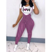 LW Casual O Neck Plaid Letter Print Pink Two Piece