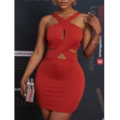 Lovely Elegant Cross-over Hollow-out Red Mini Dres