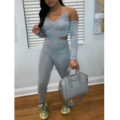 Lovely Casual V Neck Hollow-out Grey One-piece Jum