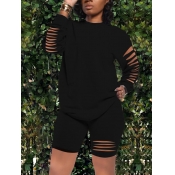 LW Street O Neck Hollow-out Black Two Piece Shorts