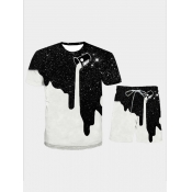 LW Men Casual O Neck Graffiti Print Black Two Piec