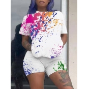 Lovely Casual O Neck Splash Ink Print White Two Pi