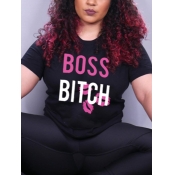 LW Cotton-Feel O Neck Letter Print Pitch-black T-s